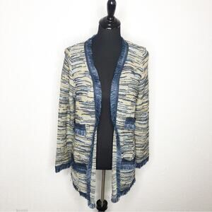 AMS Pure blue gold knit fringe leather trim jacket size 12